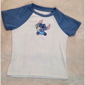 Disney Embroidered Stitch Ribbed Raglan Tee Blue White Graphic Top 4T